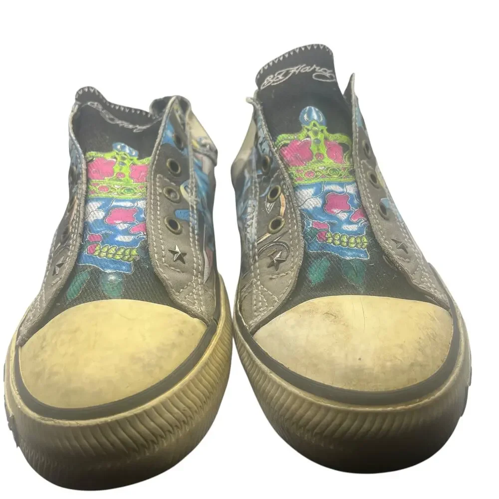 Ed Hardy Womens 10 Skull Crown Tattoo Slip On Sneakers Studded Gray Shoes